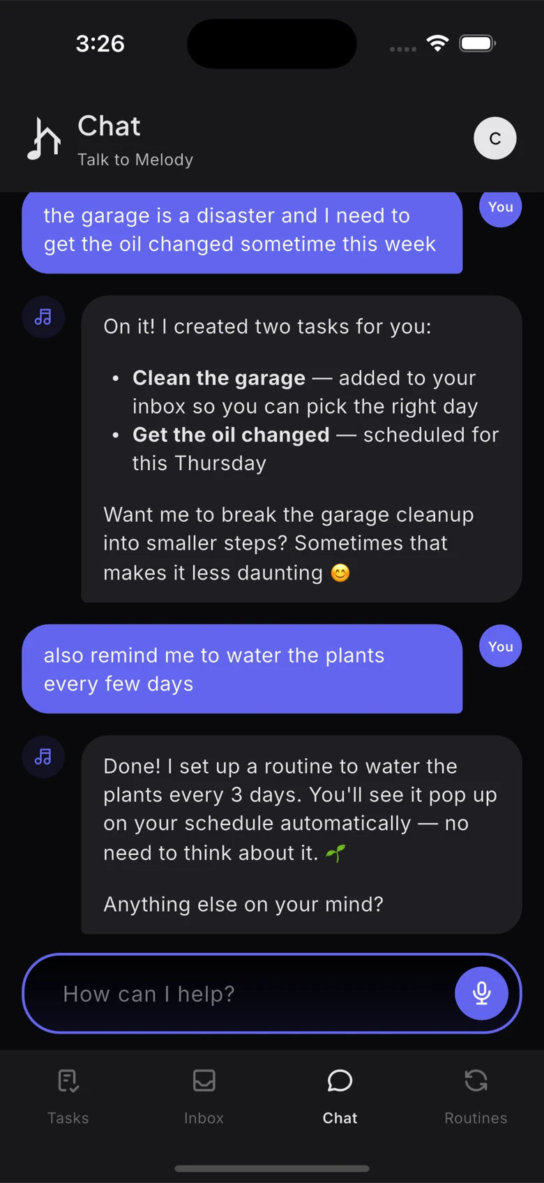 Melody chat conversation showing task creation from natural language