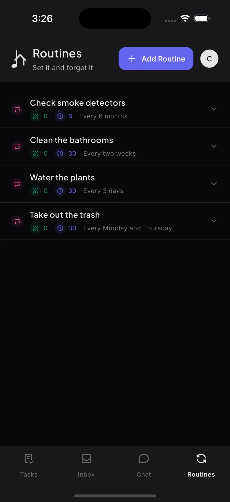 Routines screen showing recurring household tasks