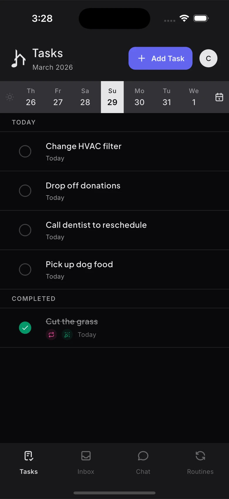 Today view showing scheduled tasks and completed items
