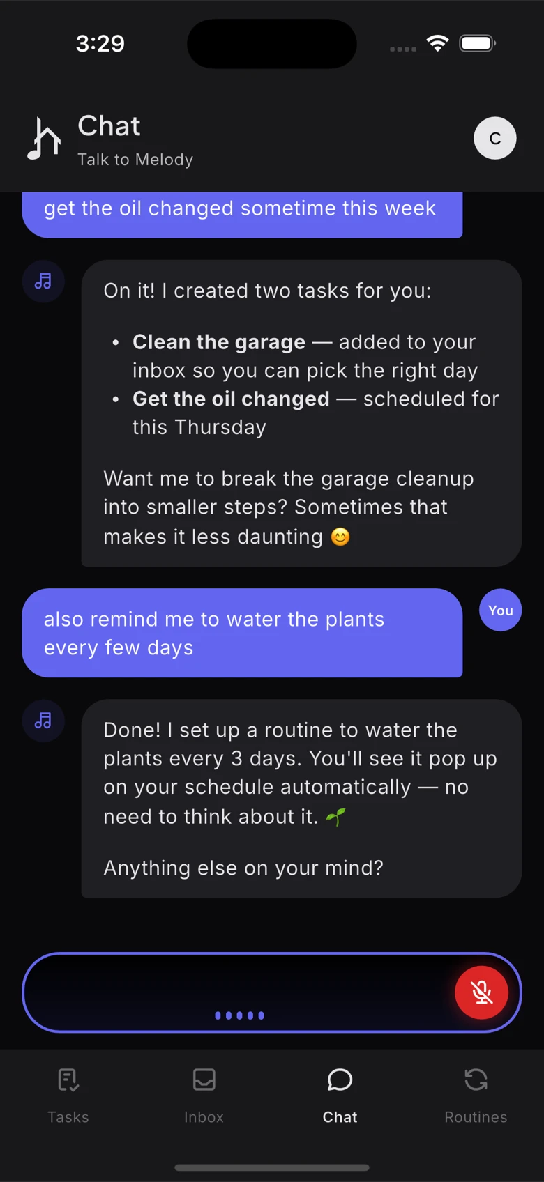 Voice recording interface with Melody